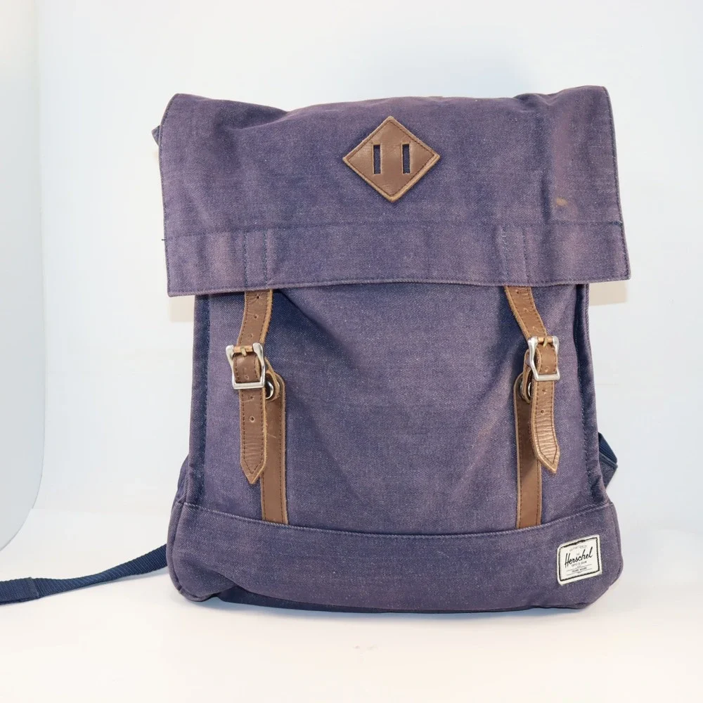 Herschel Survey Backpack Unisex Medium Blue Denim Canvas Leather Straps Rucksack